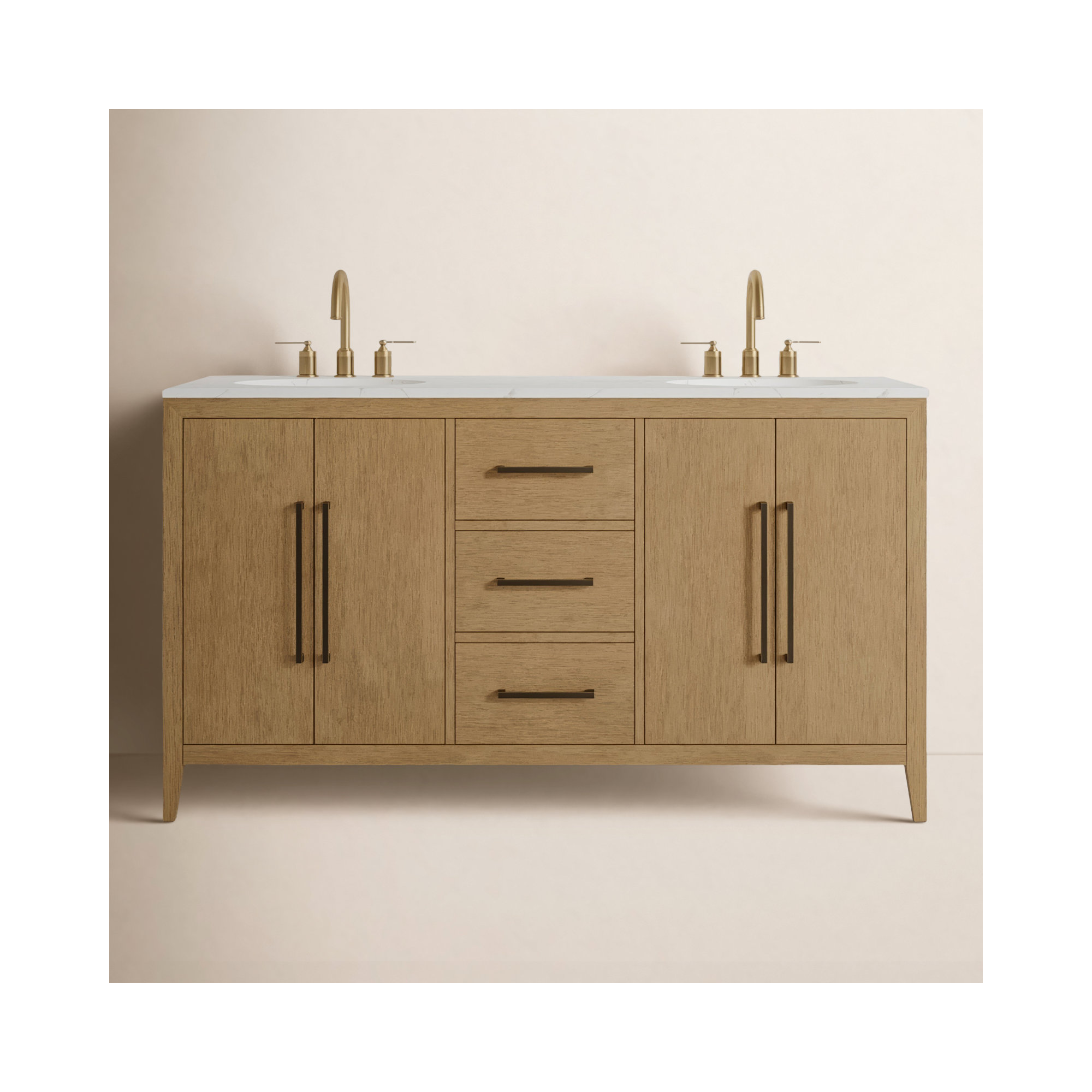 Alsup 60'' Double Bathroom Vanity with Quartz Top, Brown Oak