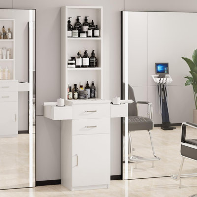 Thame Salon Station for Hair Stylist, Barber Station with Storage Cabinet, Hair Salon Stations Equipment Hair Dryer Holder, Drawers, Storage Cabinet for Hair Styling