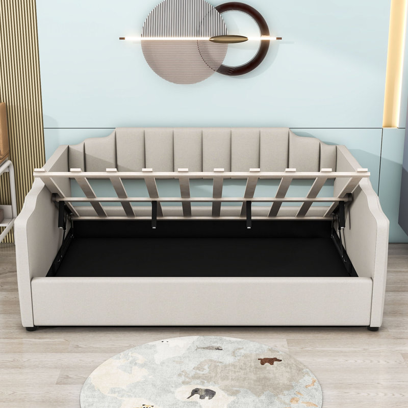 Lit de jour rembourré avec rangement Cathriona, Lit double, Beige