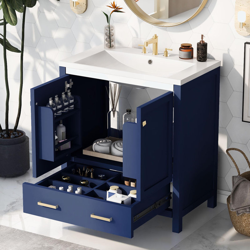 Roseleen 30'' Single Bathroom Vanity with Ceramic Top, Navy Blue