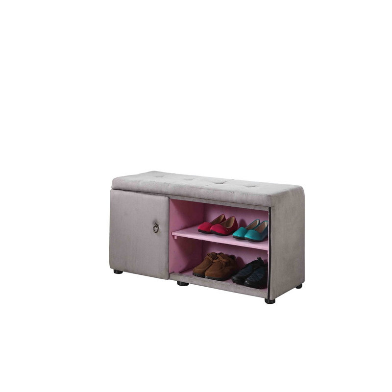Grand repose-pieds de rangement de 18 po avec compartiment à chaussures, finition argentée et grise, banc à cadre en bois avec tablettes cachées supérieure et inférieure