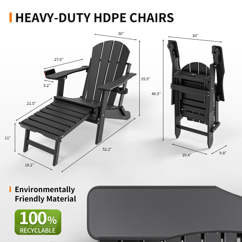 Black Back-Adjustable HDPE Patio Folding Adirondack Chair