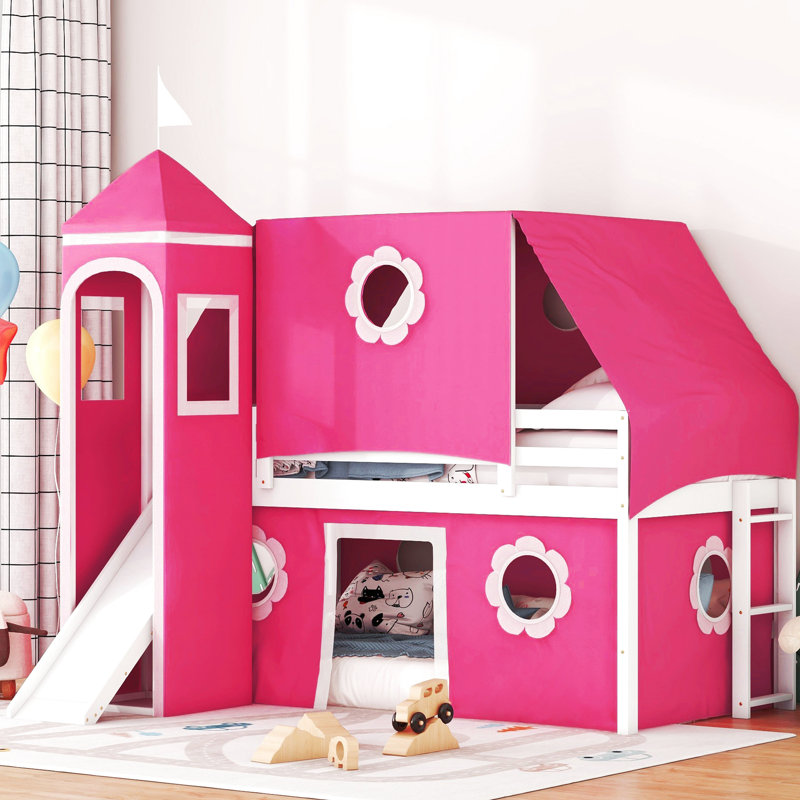 Lit simple mezzanine rose avec toboggan et tour - Bois massif, trois méthodes d'installation, pin de style Playhouse sur le thème du coin, pour rafraîchir la nuit