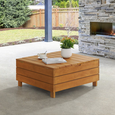 Barton Outdoor Eucalyptus Wood Coffee Table with Lift Top Storage Compartment, Brown