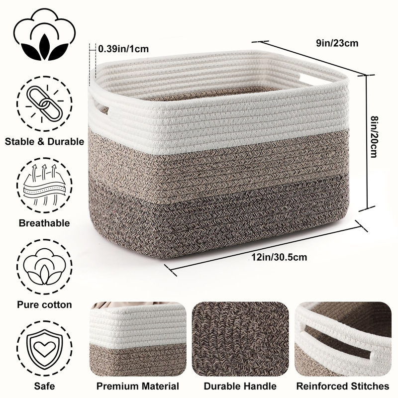 4 Pack 12×9×8 Inch Cotton Rope Storage Baskets with Handles, Woven Organizing Baskets for Toy, Towel, Book and Clothing Storage