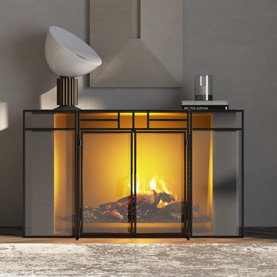 3-Panel Folding Fireplace Screen With Magnetic Hinged Doors, Solid Wrought Iron Panels Fire Spark Guard