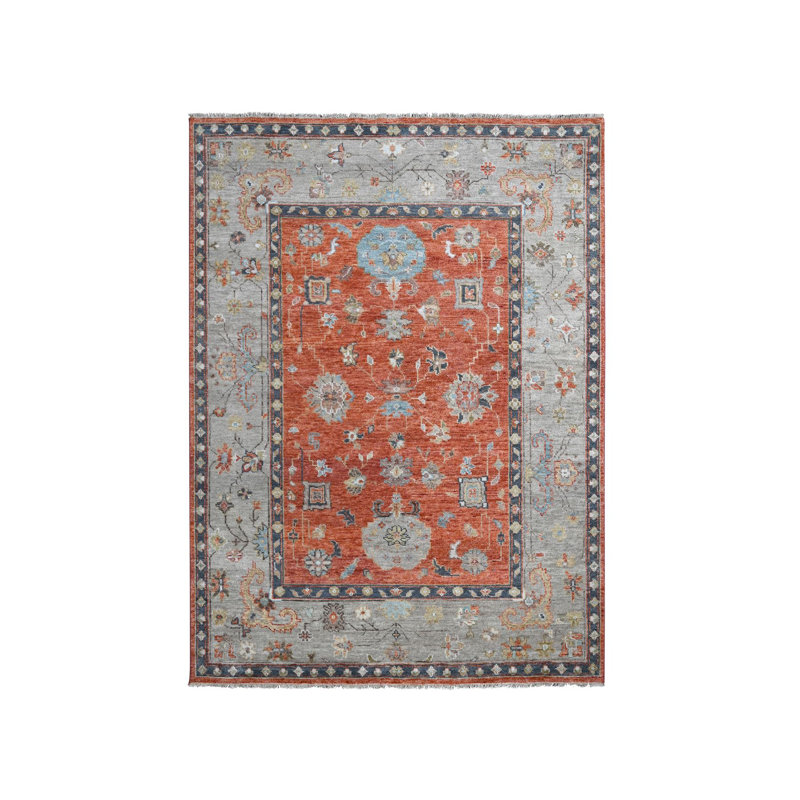 Tapis orange en laine noué à la main 8 pi 10 po x 11 pi 10 po Oushak