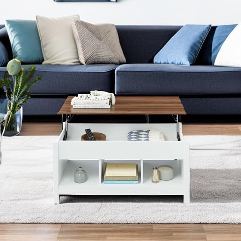 Table basse à plateau relevable avec rangement dissimulé et tablettes de présentation, blanc / brun