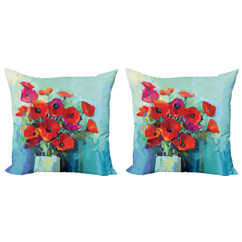 Ambesonne Impressionist Decorative Throw Pillow Case Pack Of 2, Floral Painting Colorful Bouquet Of Poppy Flowers In Vase, Couch Bedroom Living Room Cushion Cover, 18", Multicolor