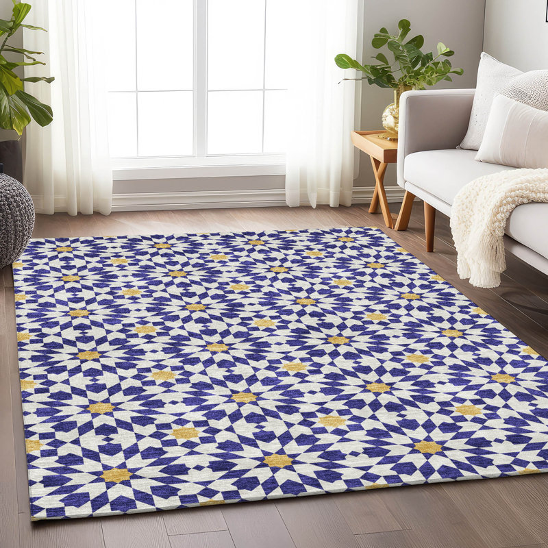 Premium Machine Washable Tweedy Navy Rug, Rectangle 3' x 5'