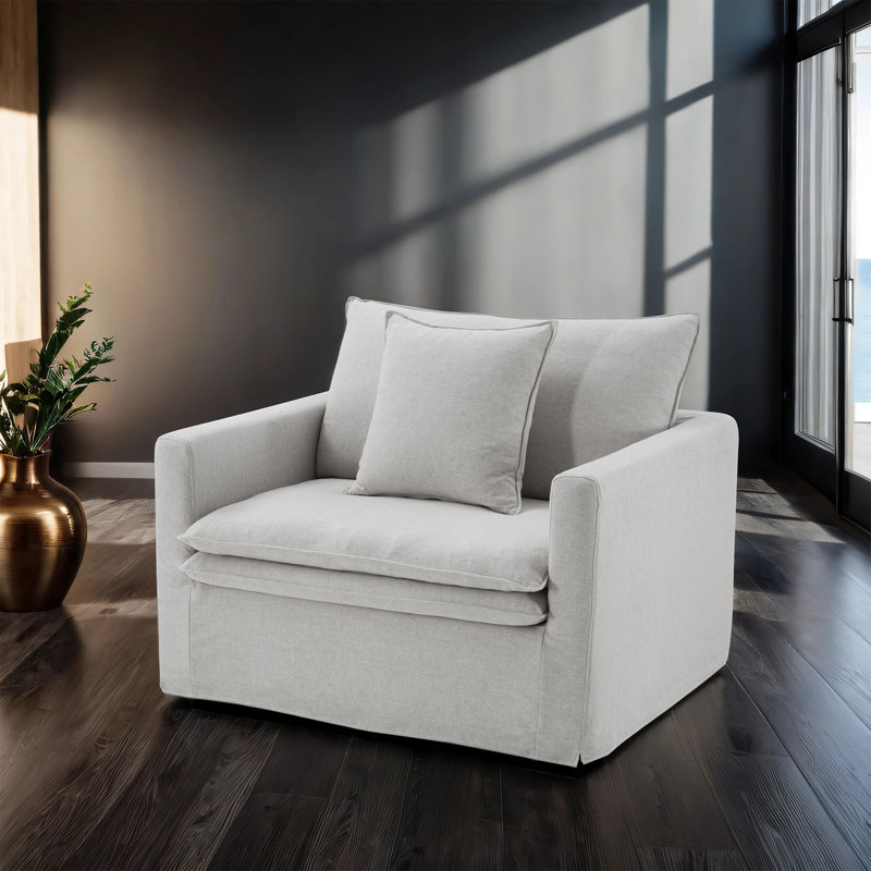 Fauteuil d'appoint 118 cm L x 97 cm P x 88 cm H, revêtement en lin et structure en bois massif, une pièce, gris pâle avec passepoil