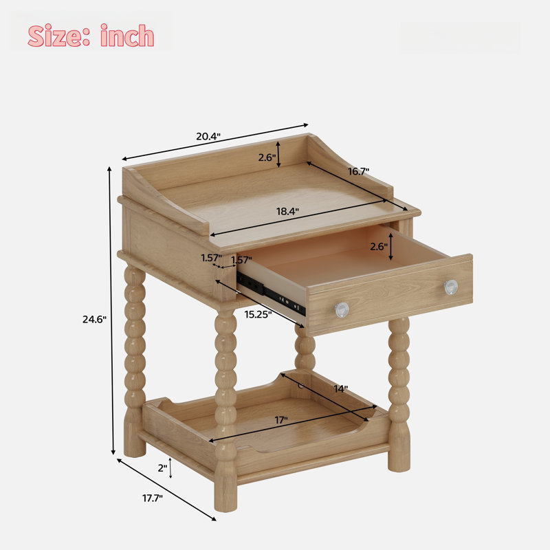 Retro Style Nightstand With 1 Drawer, An Open Shelf, Turned Legs And Metal Handles