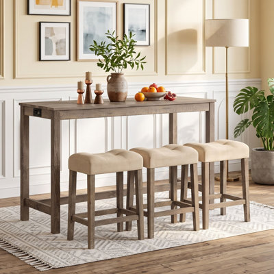 Ensemble de table de bar rustique 4 pièces avec port de chargement intégré et tabourets rembourrés pour cuisine ou salon
