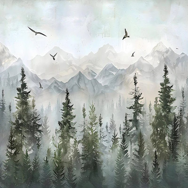 Misty Forest Mountain Landscape Wall Mural, 106" L x 138" W
