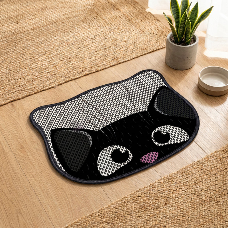 Tapis de litière double couche à motif de chat de dessin animé ludique (15,7 po L x 19,7 po l x 0,3 po H)