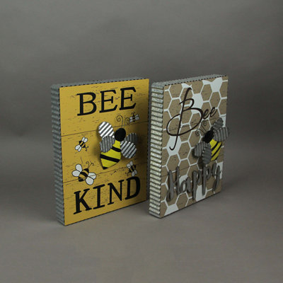 Rustic wood and metal set of 2 bee happy and bee kind honeybee wall signs, 13.75 inches high