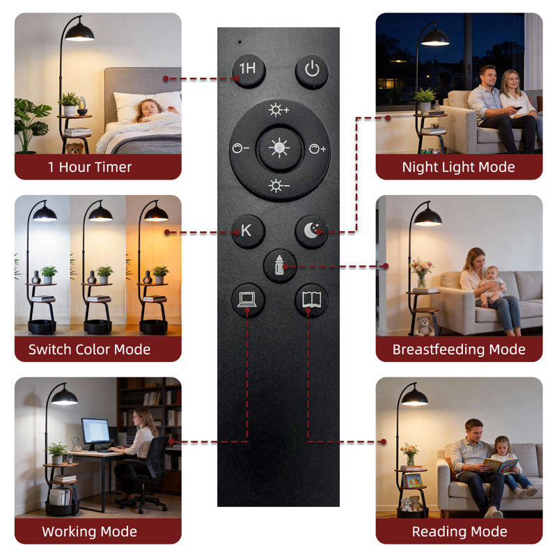Lampe sur pied moderne moderne avec table d'appoint, hauteur réglable, gradation continue, télécommande et contrôle des applications, métal noir mat avec tablettes en bois