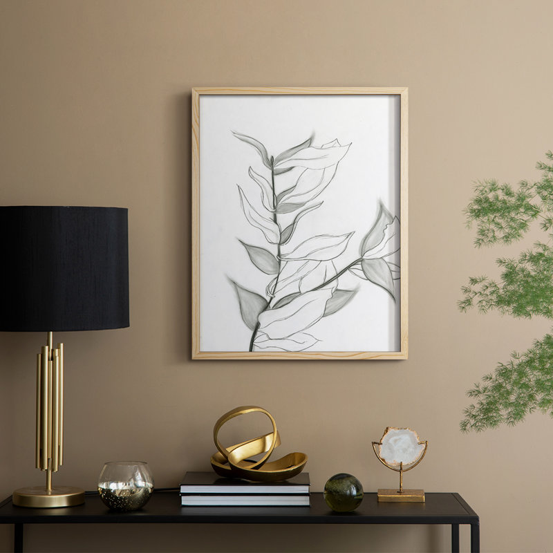 Reproduction encadrée de feuillage gris anthracite - bois massif, Naturel, H 11 po x l 9 po