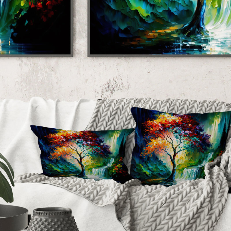 Grand arbre au milieu de la forêt pendant l'automne I - Coussin décoratif imprimé arbre
