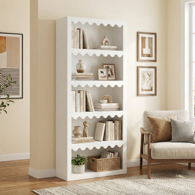 5-Tier White Bookcase, Tall Bookshelf With Scalloped Edges For Living Room