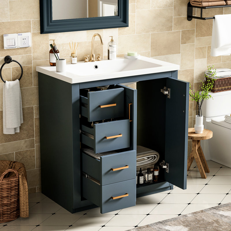 Ensemble de meuble-lavabo en céramique 30 po à 3 tiroirs et 2 portes à fermeture douce, Bleu, Doré