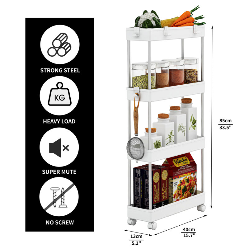 White Plastic and Stainless Steel 4-Tier Slim Storage Cart