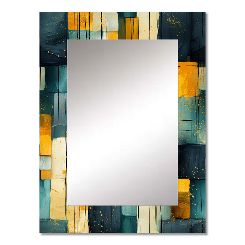 Yellow And Teal Abstract Geometric Fusion - Modern Wall Mirror, 32" x 24"