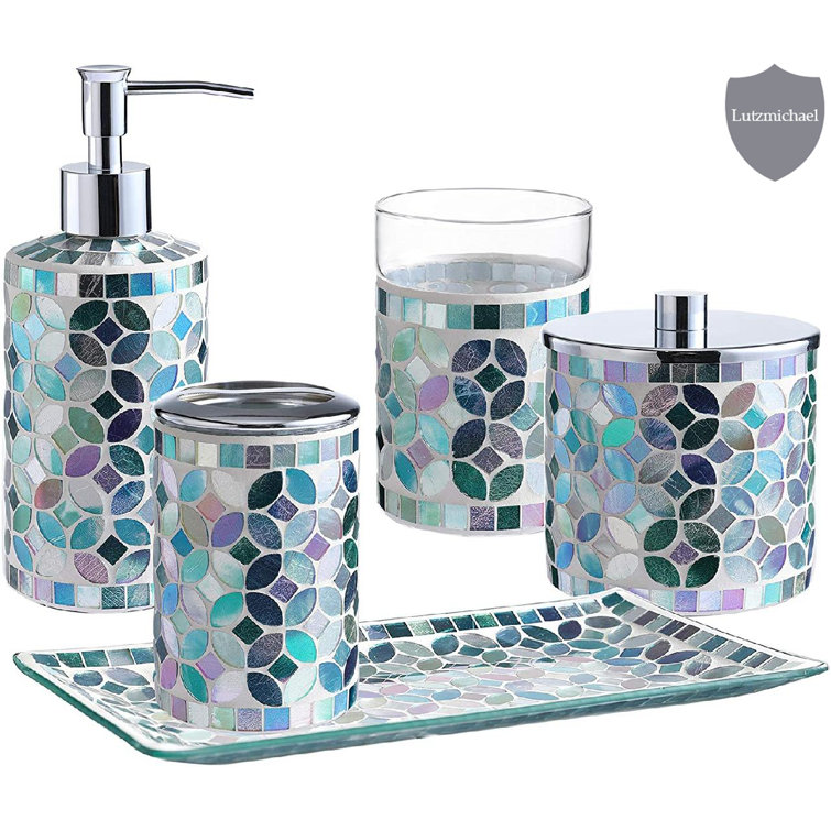 whole housewares bathroom accessories set, 4-piece glass mosaic bath  accessory completes with lotion dispenser/soap pump, cotton jar, vanity  tray, toothbrush holder (silver) 