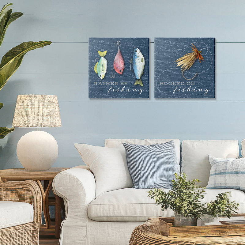 Ensemble de 2 toiles Gone Fishing Sayings, design par Holly Thomas Stein, H 17 po x l 17 po