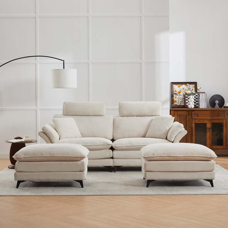 Corduroy Deep Seat Sectional Sofa, Comfortable Cloud Sofa with Ottomans, Beige