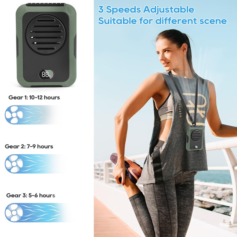 Portable Waist Fan with Digital Display 3 Speeds USB Rechargeable Clip On Fan, Green