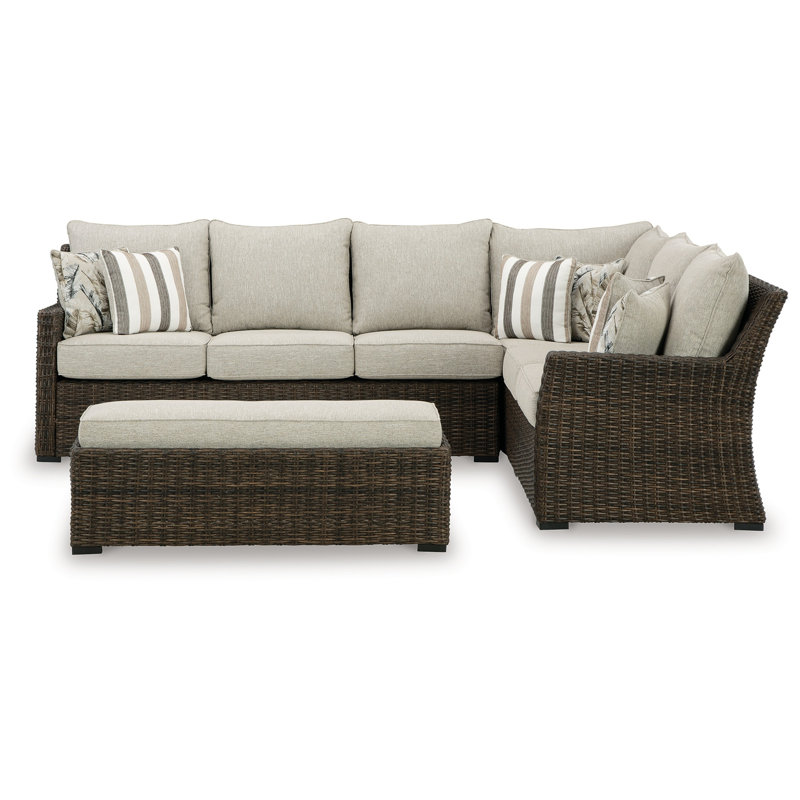 Canapé modulaire d'extérieur 3 pièces Soha, osier brun, coussins beige Nuvella
