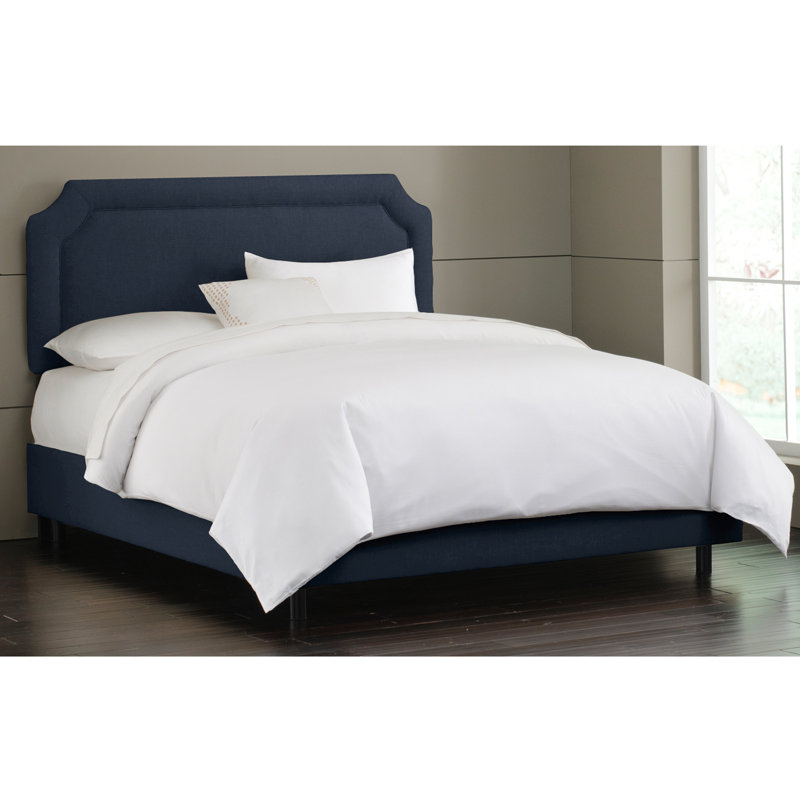 Lit tapissier standard Lockington, Lit double, Lin bleu marine classique