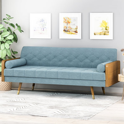 Tissu de style Mid-Century moderne bleu, H 31,45 po x l 71,8 po x P 30,5 po, meubles de salon élégants avec traversins en bleu, accents de bois et coussins pour l'espace