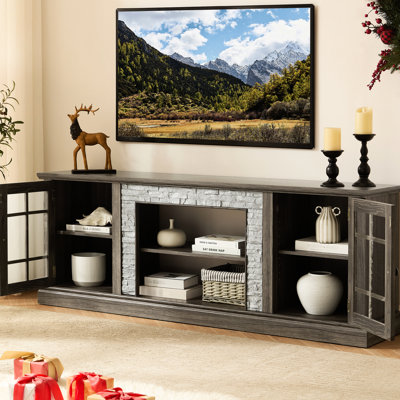 70" Modern TV Stand With 2-Door Storage, Faux Stone Media Console Cabinet, Grey Large Entertainment Center For Living Room