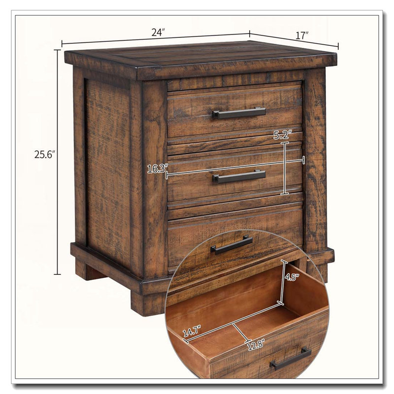 Rustic Three Drawer Reclaimed Solid Wood Nightstand