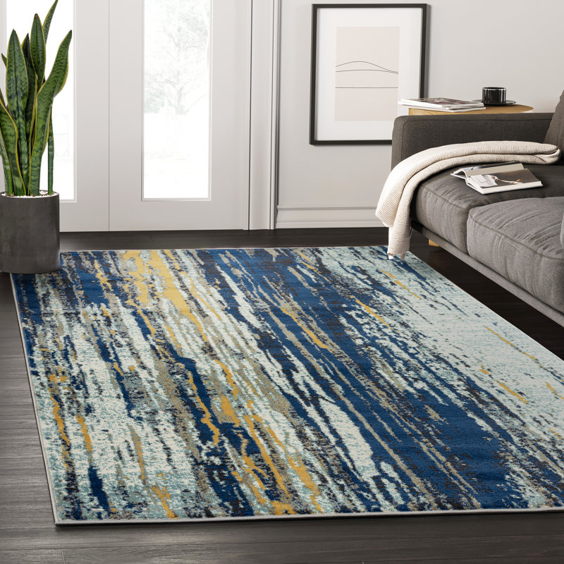 Tapis bleu/beige tissé à la machine genebern, Rectangle 4 pi x 6 pi