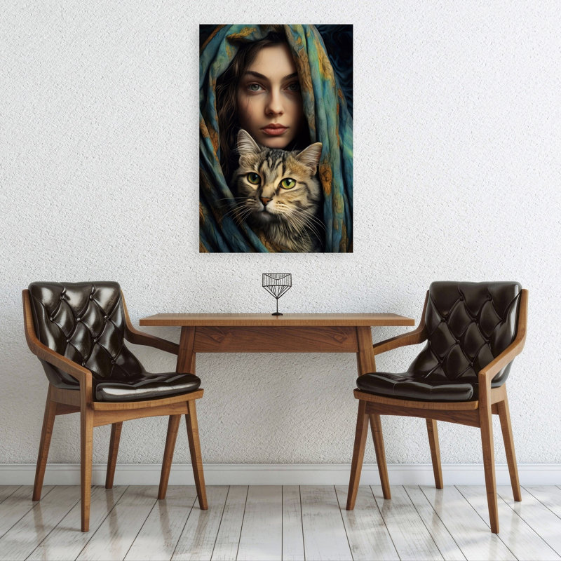 «Mysterious Woman and Cat», reproduction d'art mural contemporain, H 36 po x l 24 po