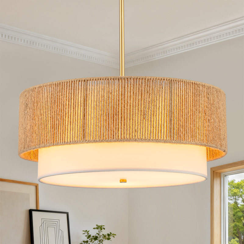 18'' Farmhouse Rattan Chandeliers for Dining Room,3-Light Boho Light Fixtures Rattan Pendant Light Fixture with Fabric Shade Drum Chandeliers