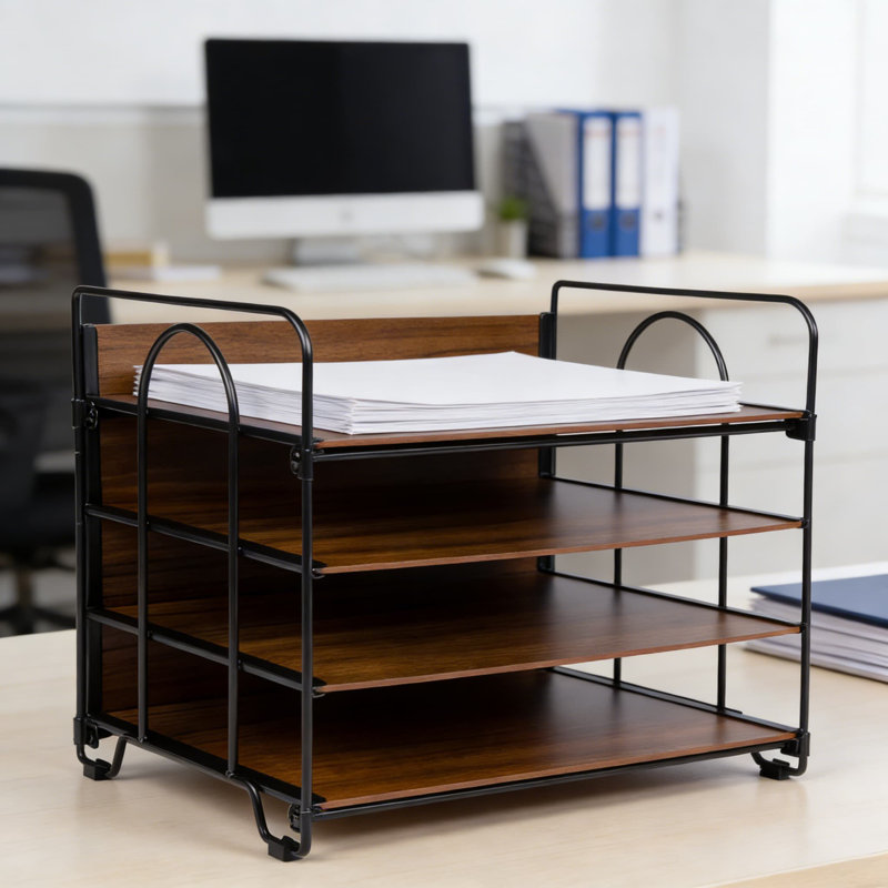 Organisateur de bureau à 4 niveaux avec tablettes à motifs en bois, classeur multifonctionnel et organisateur de papier pour fournitures de bureau, factures, lettres et rangement pour bureau