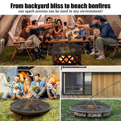 Fire Pit Spark Screen, 30 Inch with Handle & Poker，Heavy-Duty Steel Replacement Fire Pit Screen Helps Reduce Flying Sparks for Backyard Fires, Camping, Beach Trips & RV Use