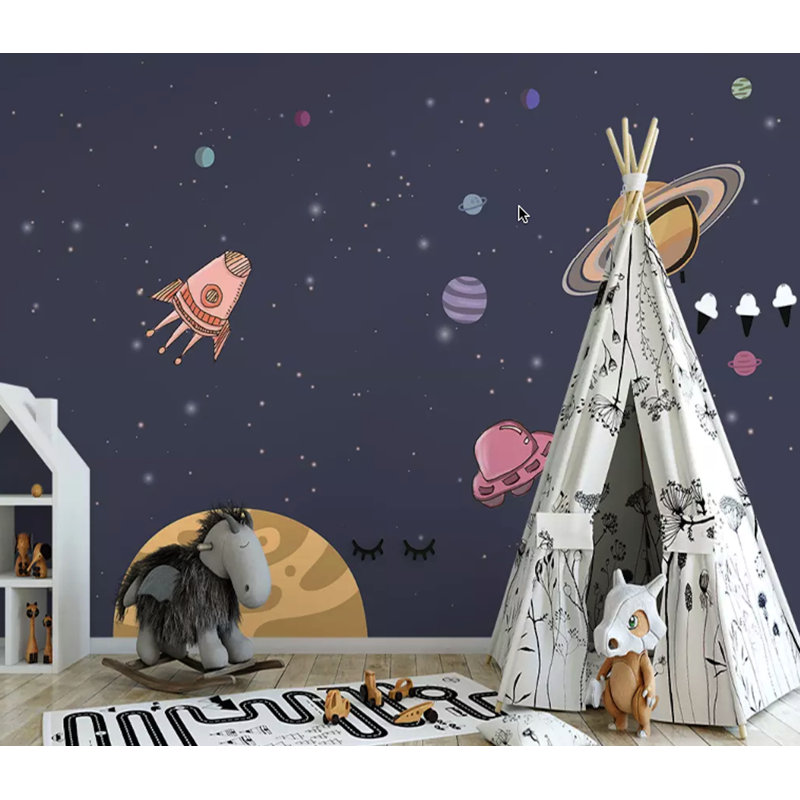 Caricature de papier peint amovible pour enfants «Space and Planets», L 114 po x l 204 po
