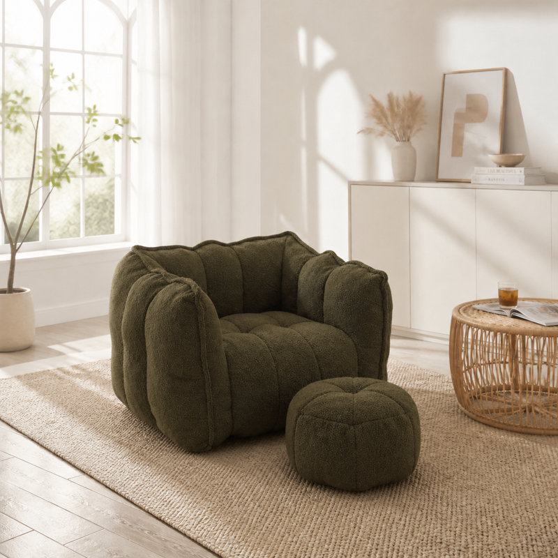 Fauteuil à billes avec repose-pieds Modern, Vert olive