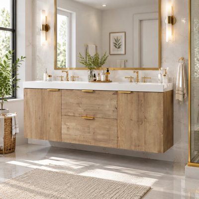 Meuble-lavabo mural 59,3 po à double cuve avec plateau en panneau de fibres à densité moyenne, armoire en panneau de fibres à densité moyenne, portes à fermeture en douceur et tiroirs divisés, grain de bois