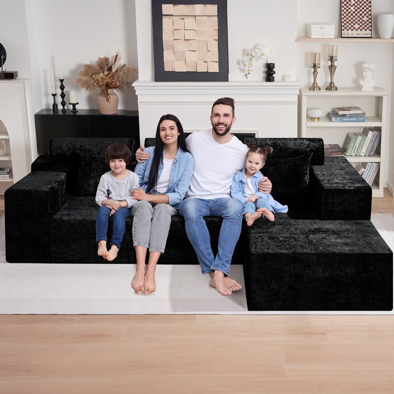 105" L-shape Modular Sectional Sofa Couch For Living Room, Black, Right Hand Facing