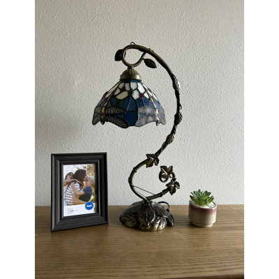 Lilienthal Tiffany Table Lamp Dragonfly Blue Stained Glass Iron Metal Leaves 11"W*8"D*21"H