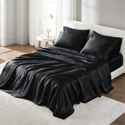 Drap-housse noir luxueux 100% satin, 7 plis