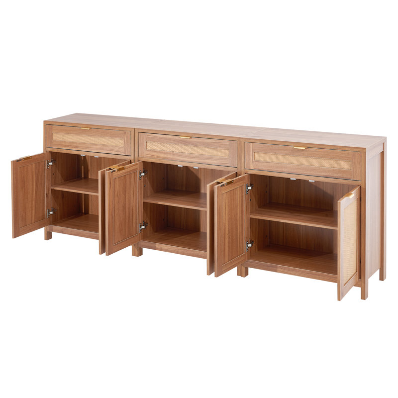 Natural Wood and Rattan Cabinet with Adjustable Shelving