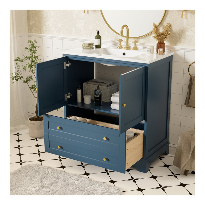 Meuble-lavabo pour salle de bain avec lavabo en céramique, armoire de rangement autoportante moderne avec poignées dorées, portes à fermeture douce, bleu