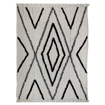 Cream Woven Cotton Geometric Throw Blanket